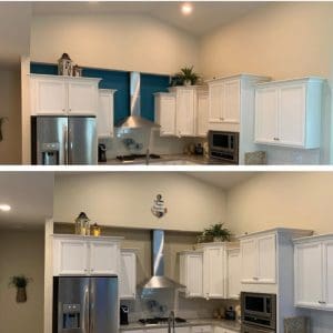 Before-and-after kitchen views show white cabinets and stainless appliances with the upper wall opened above the range.
