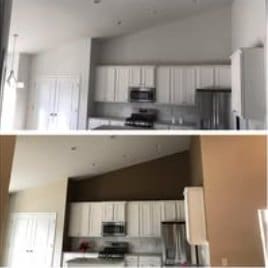 Kitchen renovation comparison highlights changes above white cabinets, with a dark wall section replaced by a lighter finish