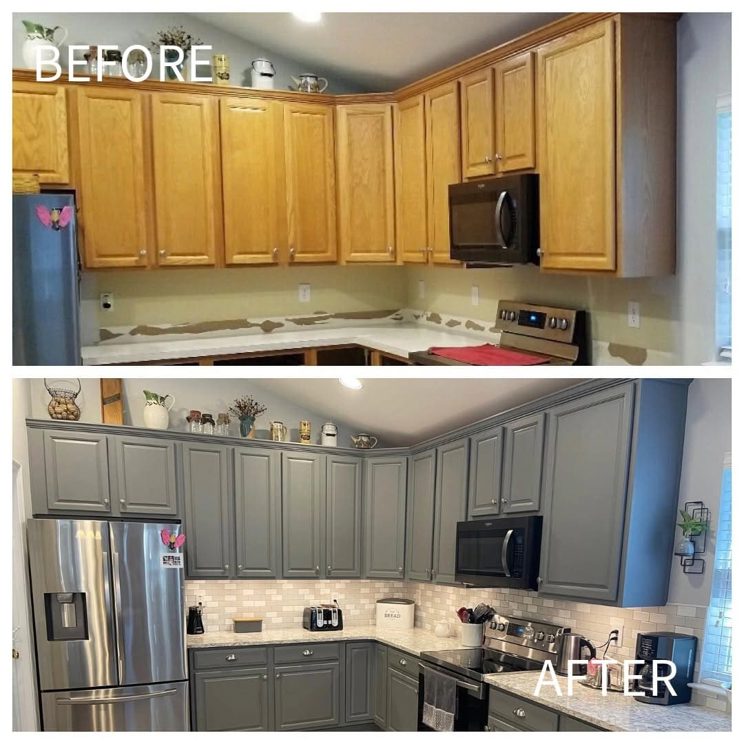 Before-and-after kitchen shows natural wood cabinets refinished gray, plus a new tile backsplash and refrigerator.