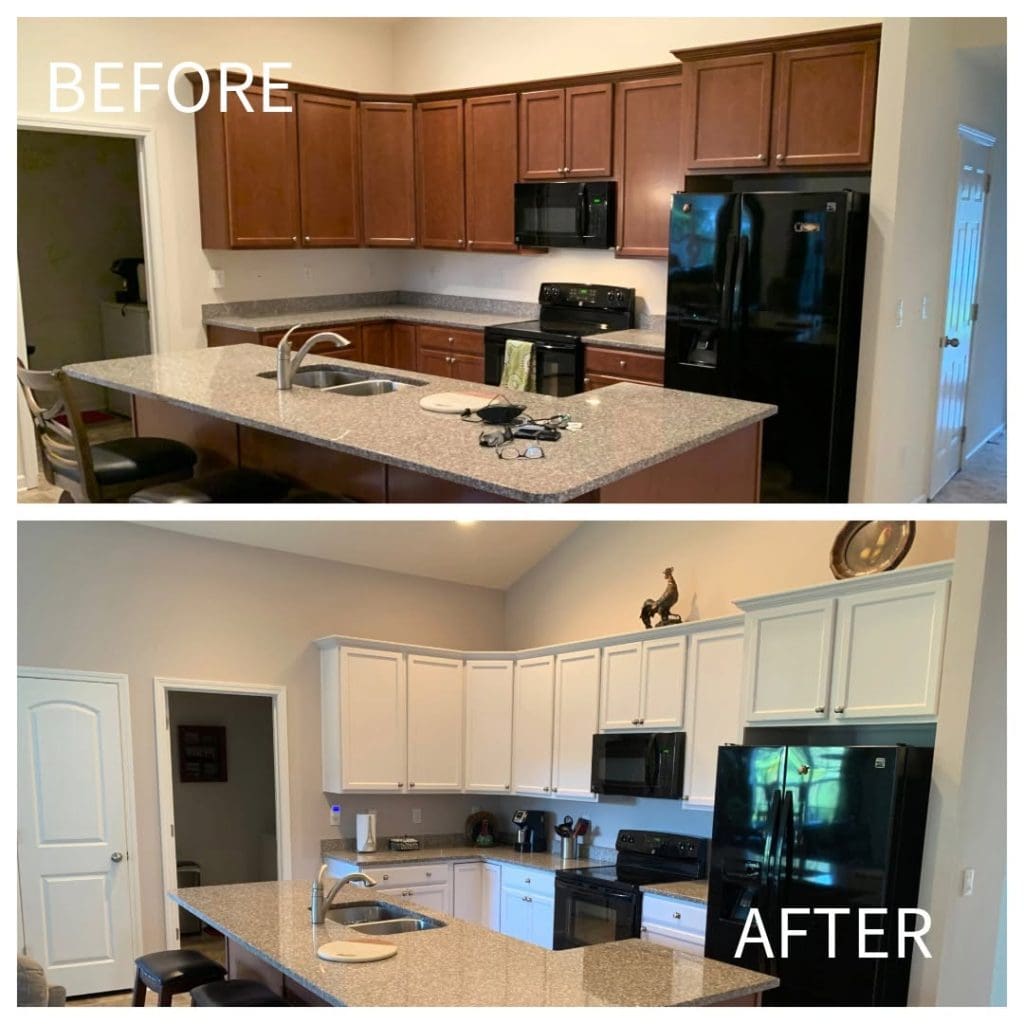 Kitchen makeover comparison pairs brown cabinets before with bright white cabinetry after, around a granite island.