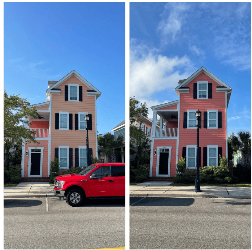 Before-and-after view of a three-story house, comparing lighter peach siding with a deeper coral exterior finish.