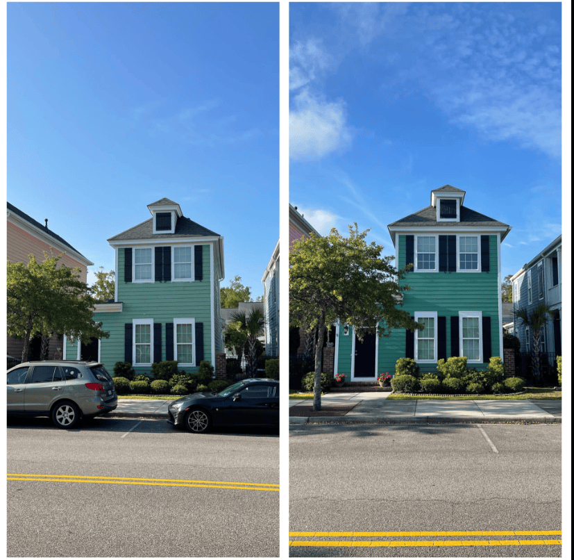 Before-and-after images compare a home's exterior with updated green siding, white trim, and landscaped front yard.